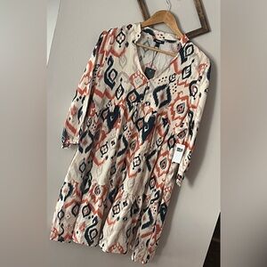 Women’s MEXX Cotton Poplin Shirt Dress Printed Vneck 3/4 Sleeves Tunic Dress NWT